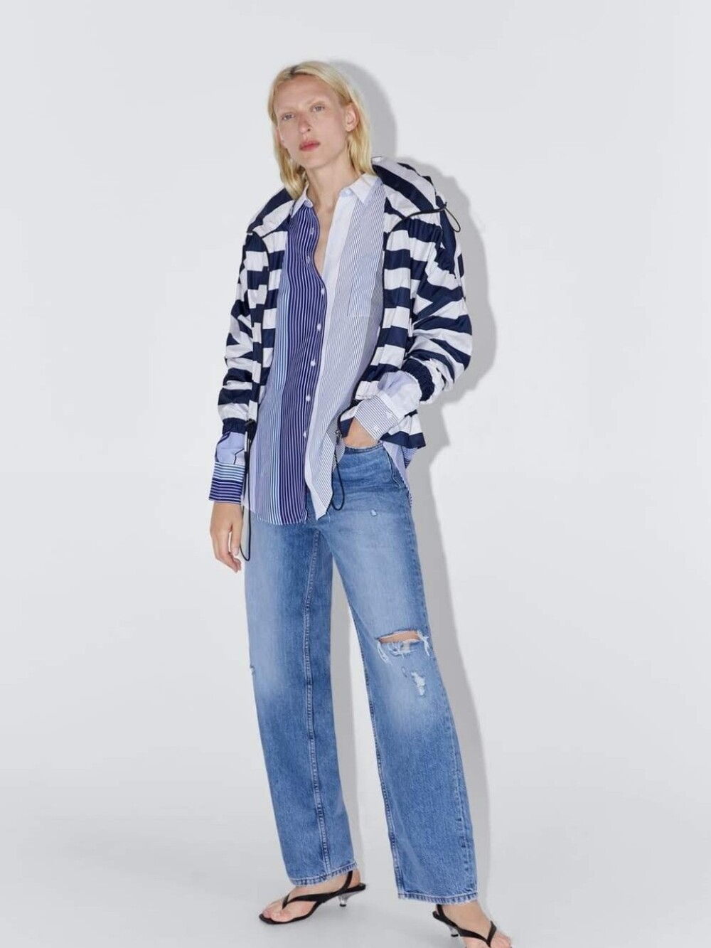 ZARA Blue/White Oversized Striped Hooded Cropped Water Repellent Windbreaker Jac